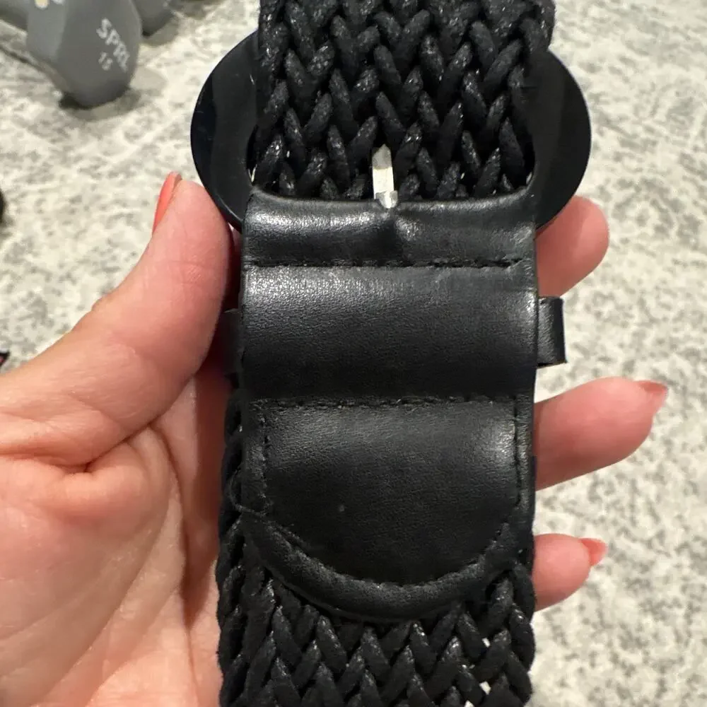 Women’s Black Braided Leather Belt Adjustable Round Buckle 1.5 in Wide